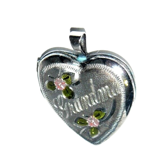 Grandma Pink/Green Floral Heart Puffed Locket Charm Pendant 925 Sterling Silver - Picture 6 of 6